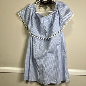 Forever 21 women Blue and White Striped Dress with Pom-Pom Trim